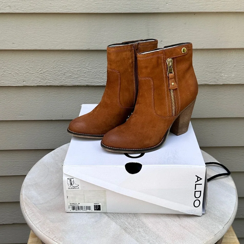Aldo Olenalla Cognac Brown Leather Ankle Boots Block Heel Gold Zip Women 8.5 39 - Picture 13 of 14